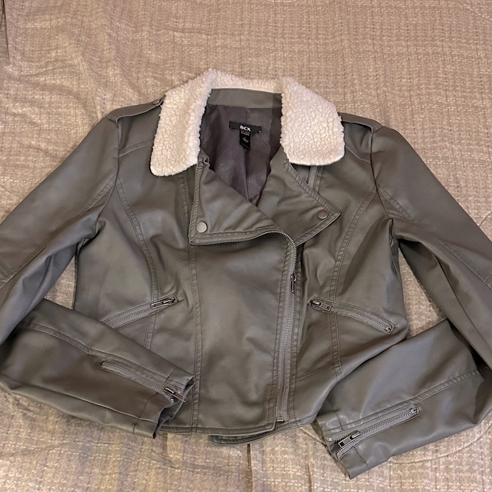 INC International Concepts dark olive Faux  Leather Jacket with Cream Collar